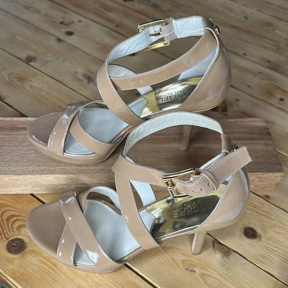 Michael Kors Women's Platform Sandal Sz8 Tan Strappy Heels - Picture 2 of 9